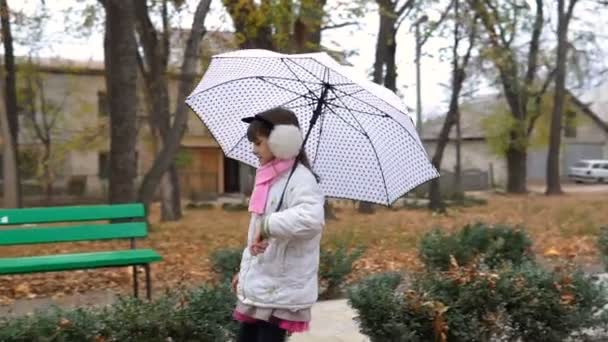 female child is walking under an umbrella in a park with yellow leaves in hands at autumn - Séquence, vidéo
