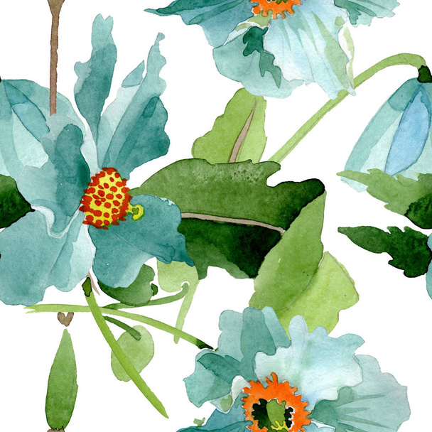 Blue poppy floral botanical flower. Watercolor background illustration set. Seamless background pattern. - Fotoğraf, Görsel