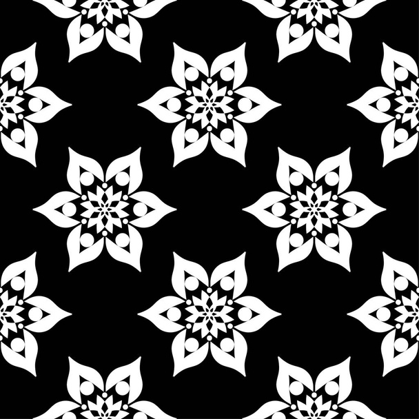 White floral ornament on black background. Seamless pattern for textile and wallpapers - Vector, imagen