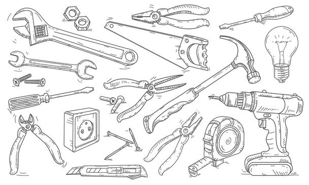 Wektor rysunek linii ikony, różne narzędzia do napraw w domu. - Wektor, obraz