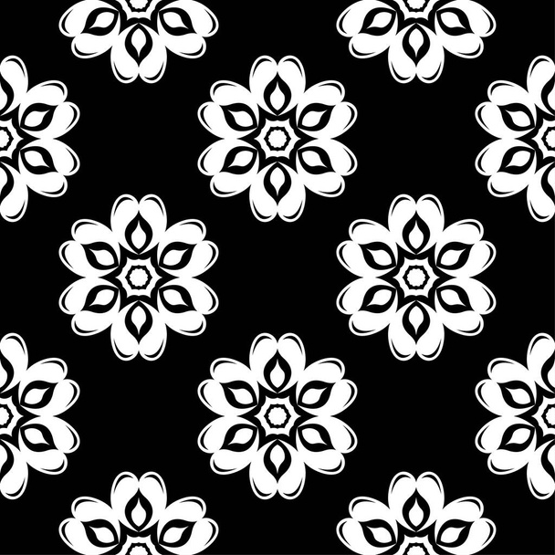 White floral ornament on black background. Seamless pattern for textile and wallpapers - Vektör, Görsel