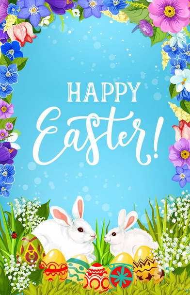 Пасхальные яйца и кролики в весенней цветочной рамке
 - Вектор,изображение