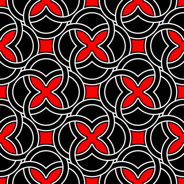 Červené a bílé geometrické vzory. Hladké černé pozadí na textil, tkaniny, tapety - Vektor, obrázek