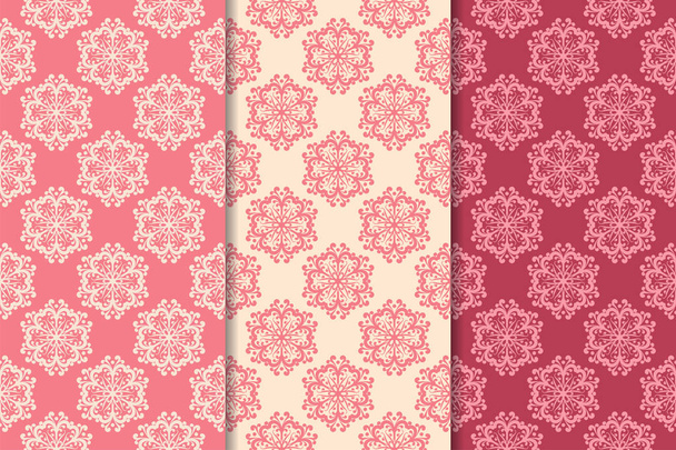 Set of red floral ornaments. Cherry pink vertical seamless patterns. Wallpaper backgrounds - Вектор,изображение