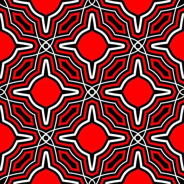 Seamless geometric black background. With red and white elements for wallpapers, textile and fabrics - Vector, imagen