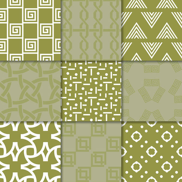 Adornos geométricos de color verde oliva. Colección de patrones sin costura para tela, textil y fondos de pantalla
 - Vector, Imagen