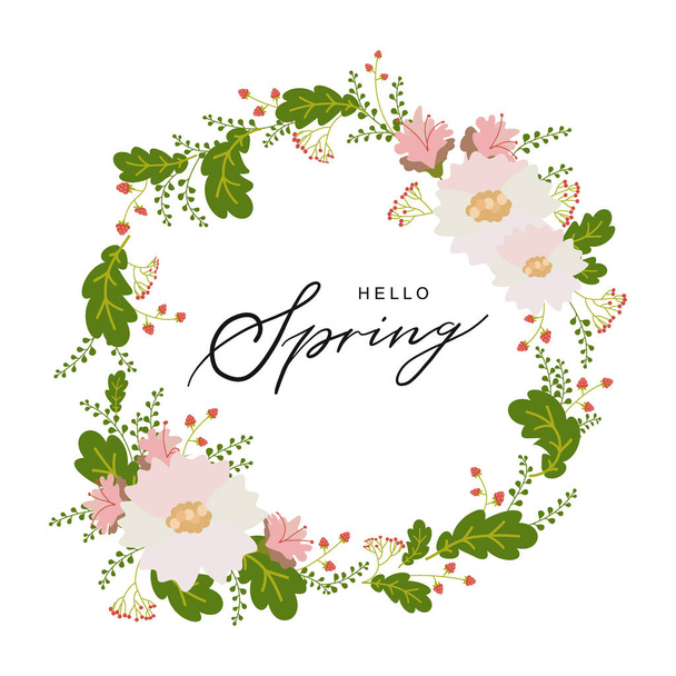 Dobrý den, na jaře typografie ručně kreslené písmo plakát s květinový věnec dekor. Vektorové ilustrace pro 8 března Dámské, den matek, blahopřání, pozvánky. Květinový okraj pozadí, šablona - Vektor, obrázek