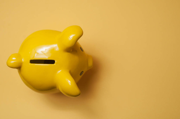 closeup of yellow piggy bank on yellow background on top view - 写真・画像