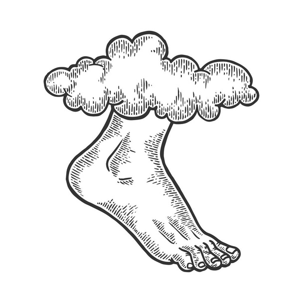 Foot of God from sky cloud engraving vector illustration. Scratch board style imitation. Black and white hand drawn image. - Wektor, obraz