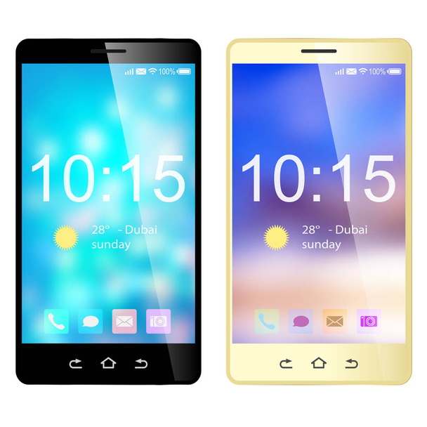 Realistische Smartphone met kleurrijke scherm. Gouden en zwarte mobiele telefoon geïsoleerd op een witte achtergrond. Vectorillustratie. - Vector, afbeelding
