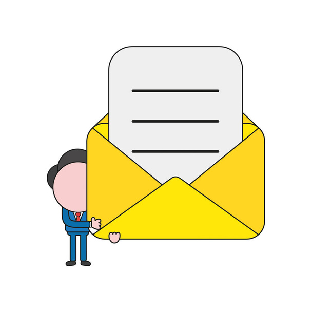 Illustration vectorielle du personnage d'homme d'affaires tenant l'enveloppe postale avec du papier écrit. Couleur et contours noirs
. - Vecteur, image