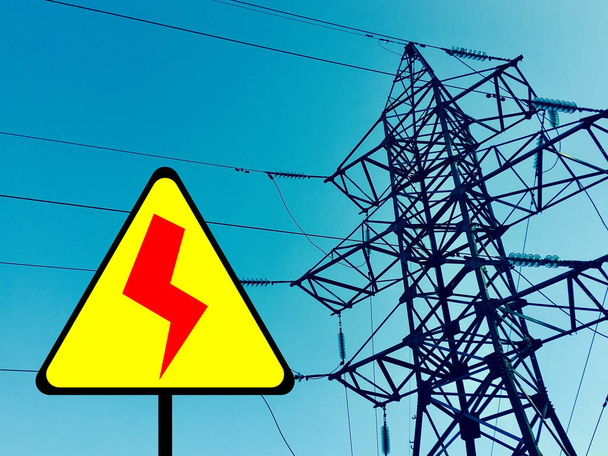 Danger high voltage sign and electric tower - Photo, Image