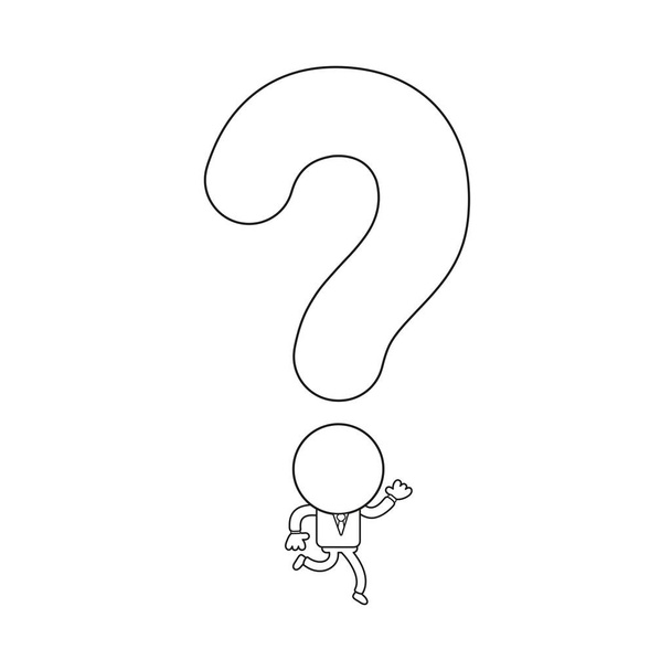 Vector illustration concept of businessman character running with question mark head. Black outline. - Vector, Image