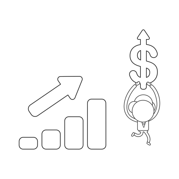 Concepto de ilustración vectorial de carácter hombre de negocios con gráfico de barras de ventas y llevar flecha de dólar hacia arriba. Esquema negro
. - Vector, Imagen