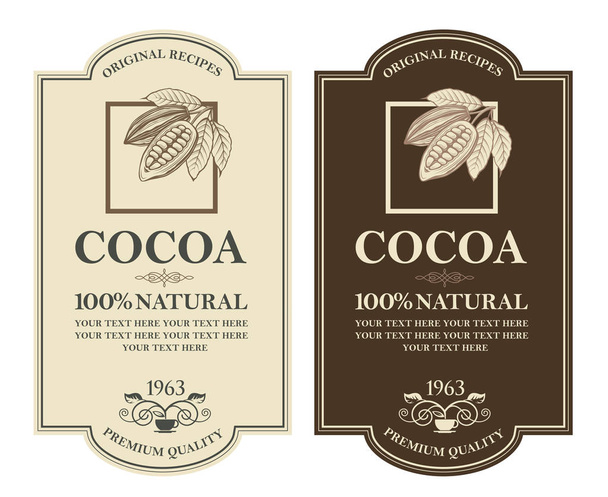 collection of labels with cocoa beans, branch and leaves - Vector, Image