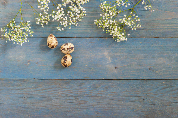 Fondo de madera azul y huevos de Pascua de codorniz con flores. Lugar para el texto. Puesta plana
 - Foto, Imagen