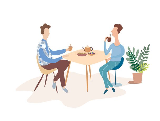Dos hombres están hablando en una mesa en un café. Discuta sobre una taza de té. Moderna ilustración vectorial plana
. - Vector, imagen