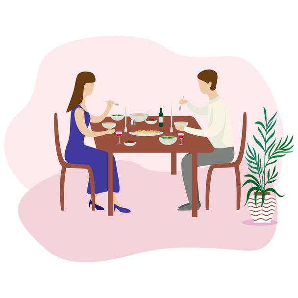 ロマンチックな家族との夕食。バレンタイン ディナー。フラットのベクトル図 - ベクター画像