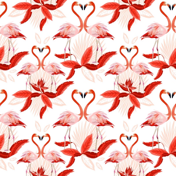 Vector seamless tropical pattern, Two flamingos in love and tropical palm leaves, plants, bird of paradise. Romantic Valentine's Day template. Pattern trend design. - Διάνυσμα, εικόνα