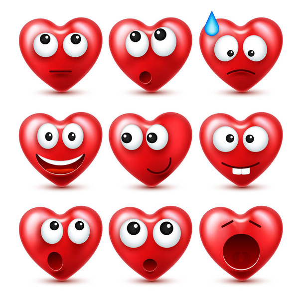 Herz-Smiley-Emoji-Vektorset für den Valentinstag. lustiges rotes Gesicht mit Gesichtsausdruck und Emotionen. Liebessymbol. - Vektor, Bild