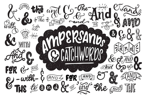 Big collection of hand lettered ampersands and catchwords isolated on white background. Great vector design set for wedding invitations, save the date cards and other stationary. - Vector, Image