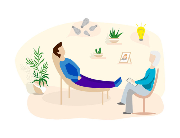 Patients at a reception at the psychotherapies. Man talking to psychotherapist or psychologist and answer questions. - Vector, Image
