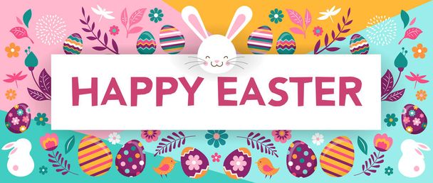 Veselé Velikonoce, vektor nápis s květinami, vajíčky a zajíčci - Vektor, obrázek
