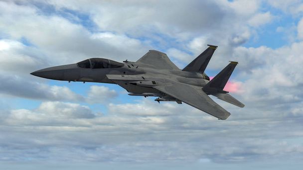 Military aircraft in flight equipped with missiles, combat set-up. F-15 eagle models. 3d rendering - Photo, Image