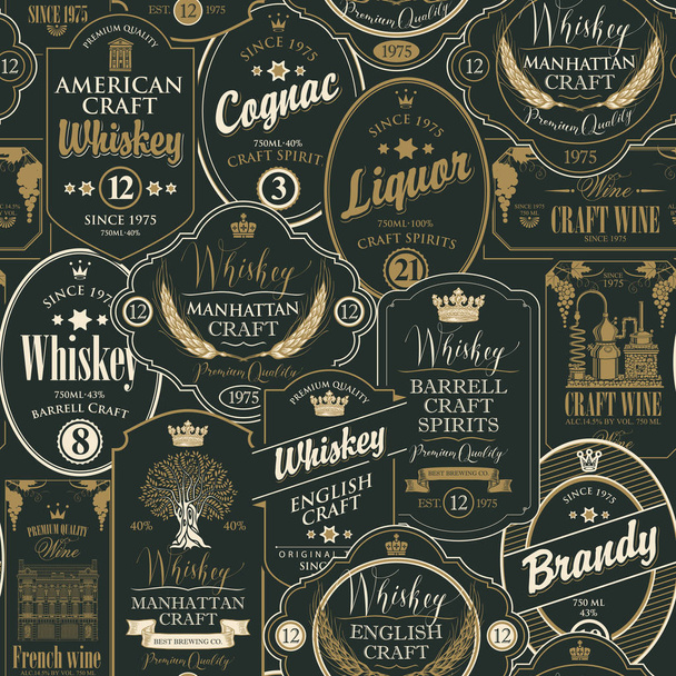 Vector seamless pattern with a collage of labels for various alcoholic beverages in black and gold colors in retro style with inscriptions whiskey, liquor, cognac, wine, brandy. - Vector, Image