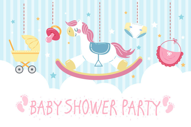 かわいい漫画の赤ちゃんシャワー招待状のおもちゃで - ベクター画像