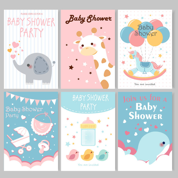 carino cartone animato baby doccia invito carta e manifesti in colori pastello
 - Vettoriali, immagini