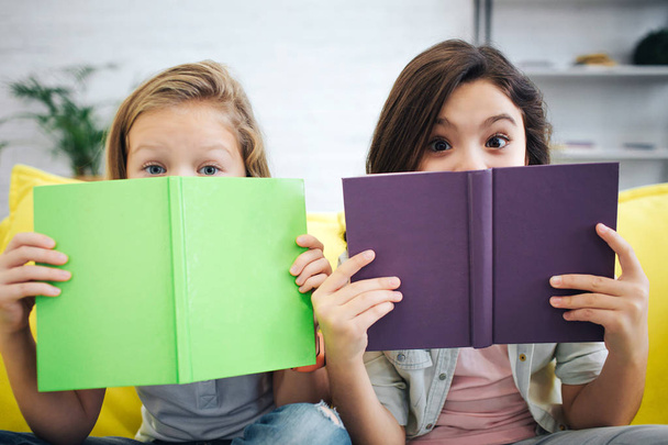 Two excited teenagers sit on yellow sofa in room. They look straight on camera. Girls cover their face with colorful notebooks. - Foto, imagen