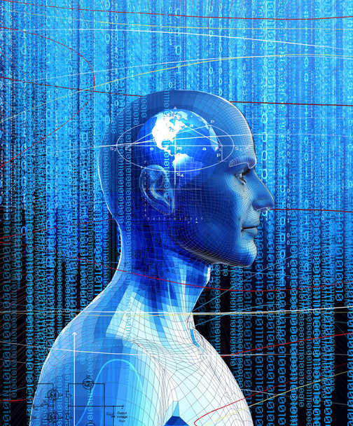 Ψηφιακό μηχάνημα τεχνητής νοημοσύνης που λειτουργεί και αντιδρά σαν άνθρωπο, 3d καθιστούν - Φωτογραφία, εικόνα