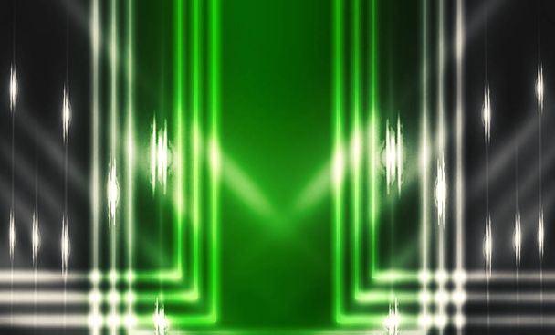 Fond futuriste foncé avec lignes et rayons néons. Tendance couleur ufo vert
 - Photo, image