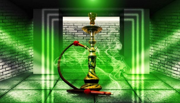 Кальян курит на футуристическом фоне с неоновыми лучами, дымом, прожекторами. Цвет фона НЛО зеленый
 - Фото, изображение