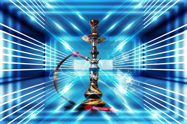 Hookah smoking on a blue futuristic background with neon rays, smoke, spotlight - Foto, afbeelding