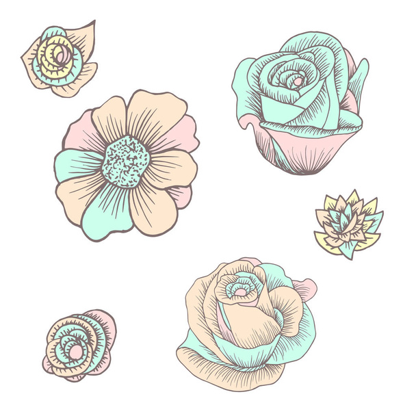 Flowers icons set in hand drawn style. For print, sticker, textile. Vector illustration - Vector, Image