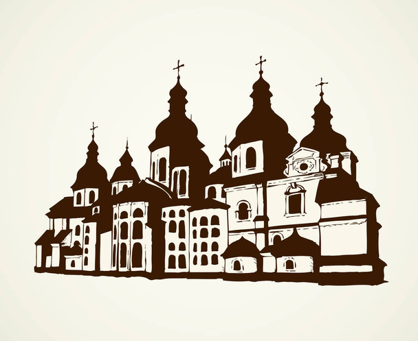 Saint Sophia kathedraal in Kiev, Oekraïne. Vector monochroom freehand getrokken schetsen in stijl van de pen op papier geïsoleerd op een witte achtergrond met ruimte voor tekst - Vector, afbeelding