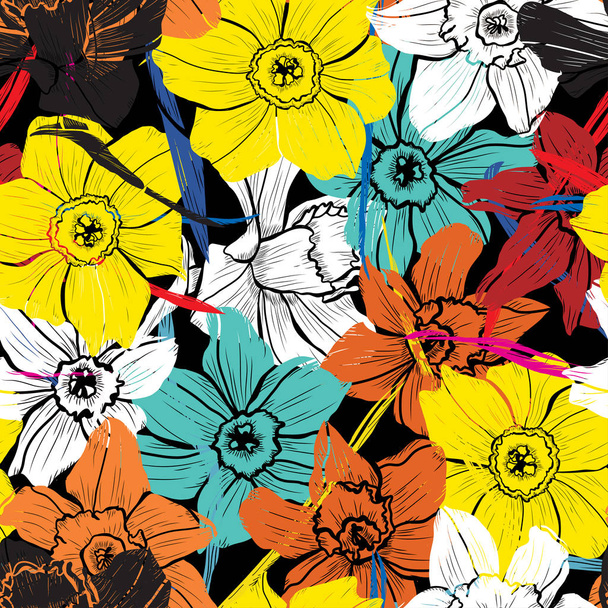 Barevné bezešvé vzor s květy narcisu, designovými prvky. Tapety květinový vzor pozvánky, karty, tisk, výroba, Dárkový balicí papír, textil, tkaniny, - Vektor, obrázek