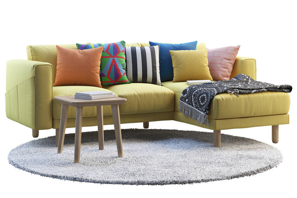 3d render of yellow fabric sofa with chaise lounge. Gray round rug and wooden coffee table on white background. Scandinavian interior. Furniture set - 写真・画像