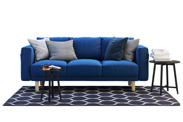 3d renderização de sofá tecido azul escuro com tapete e mesas de café preto no fundo branco. Interior escandinavo. Conjunto de móveis
 - Foto, Imagem