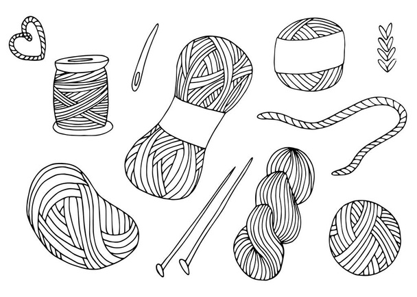Bolas de fio de tricô definidas no estilo desenhado à mão. Para impressão, logotipo, design criativo. Ilustração vetorial. Isolado em branco
 - Vetor, Imagem