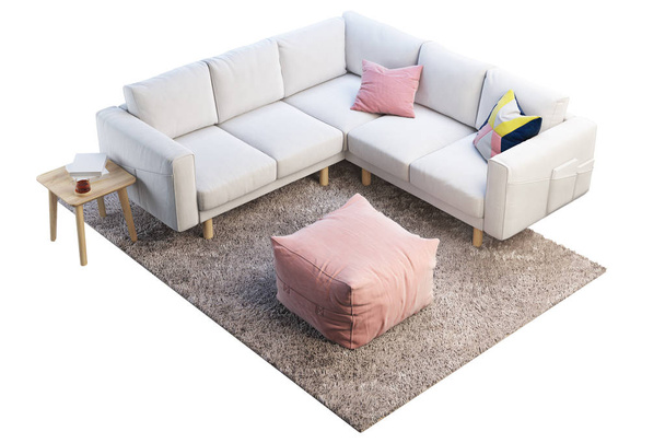 3D καθιστούν από λευκό ύφασμα Γωνιακός καναπές με μπεζ χαλί και ξύλινα καφέ πίνακα σε άσπρο φόντο. Σκανδιναβικό εσωτερικό. Σετ επίπλων - Φωτογραφία, εικόνα