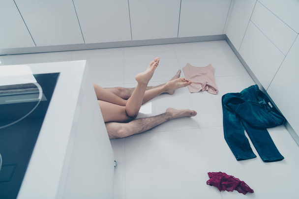 Close up high angle above top view photo of two people legs hips - Fotoğraf, Görsel