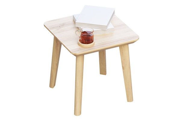 moderner rechteckiger Couchtisch aus braunem Holz mit Büchern und einer Tasse Tee auf dünnen Beinen auf weißem Hintergrund. 3D-Darstellung. - Foto, Bild
