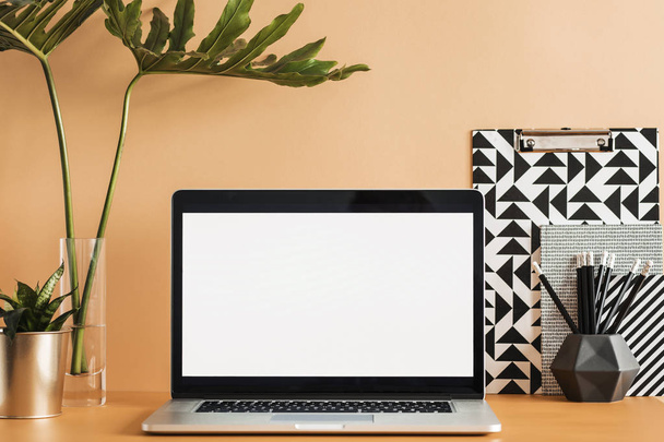 Minimalistic workplace with blank laptop screen, stationery and green plants - Φωτογραφία, εικόνα