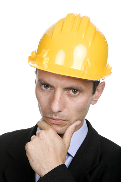 Інженер з жовтим капелюхом, ізольований на білому
 - Фото, зображення