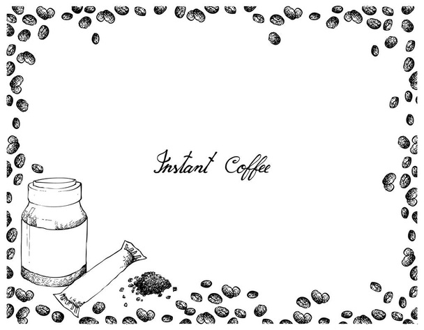 Illustration Croquis dessiné à la main de café instantané ou de poudre de café avec des haricots isolés sur fond blanc
. - Vecteur, image