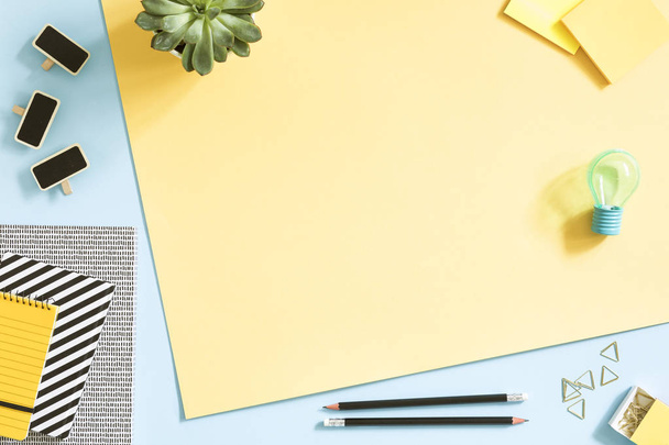 creative desk with school accessories, notebooks and succulent on pastel yellow and blue background  - Foto, Imagem