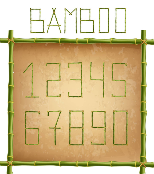 Numeri di bambù vettoriale cifre fatte di bastoncini di bambù verde realistici pali all'interno della cornice di legno con vecchio sfondo di carta o tela. Concetto di numeri per creare parole, testo, pubblicità, messaggio
. - Vettoriali, immagini